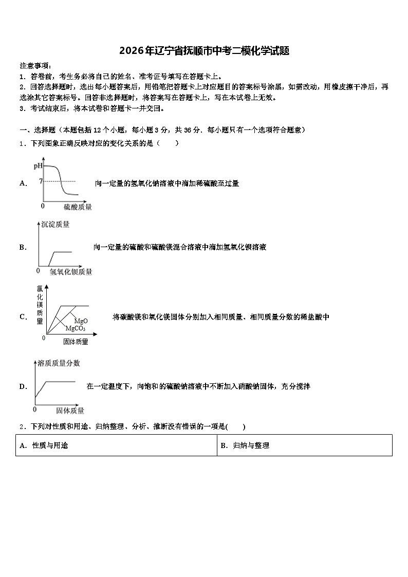 2026年辽宁省抚顺市中考二模化学试题（含答案解析）第1页