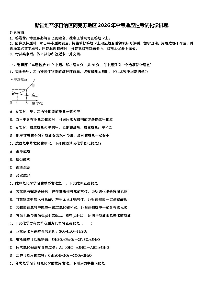 新疆维吾尔自治区阿克苏地区2026年中考适应性考试化学试题（含答案解析）第1页