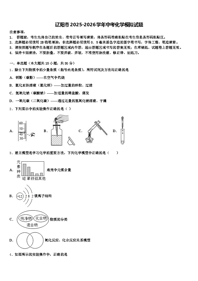 辽阳市2025-2026学年中考化学模拟试题（含答案解析）第1页