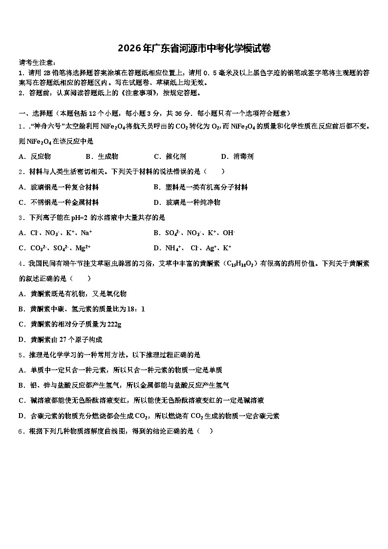 2026年广东省河源市中考化学模试卷（含答案解析）第1页