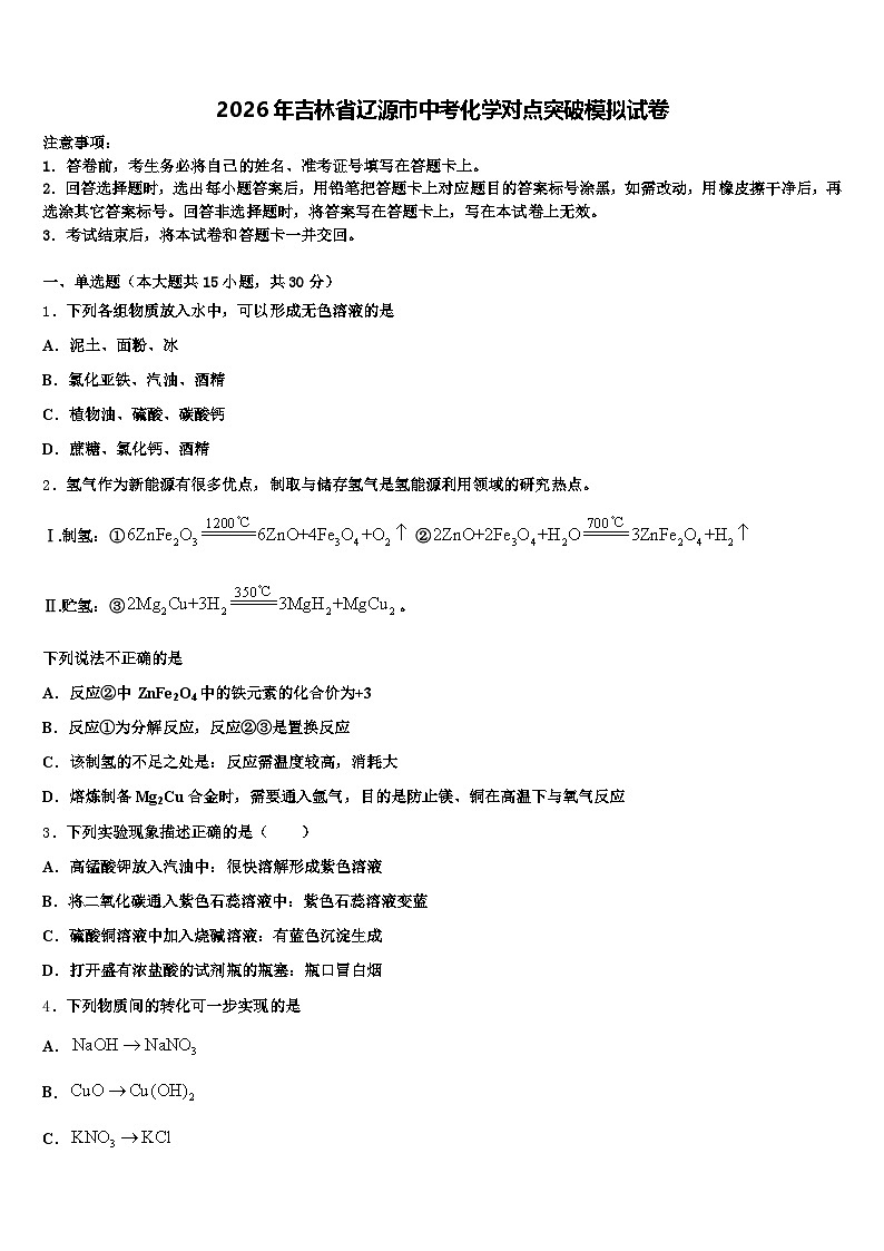 2026年吉林省辽源市中考化学对点突破模拟试卷（含答案解析）第1页