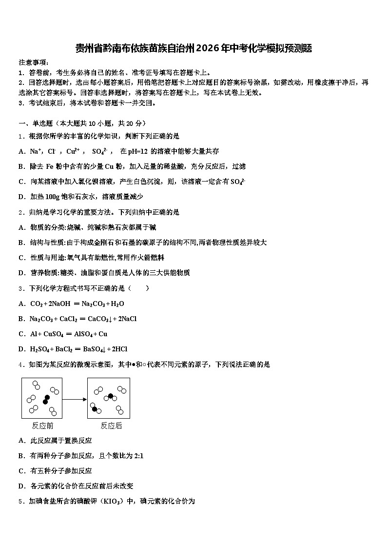 贵州省黔南布依族苗族自治州2026年中考化学模拟预测题（含答案解析）第1页