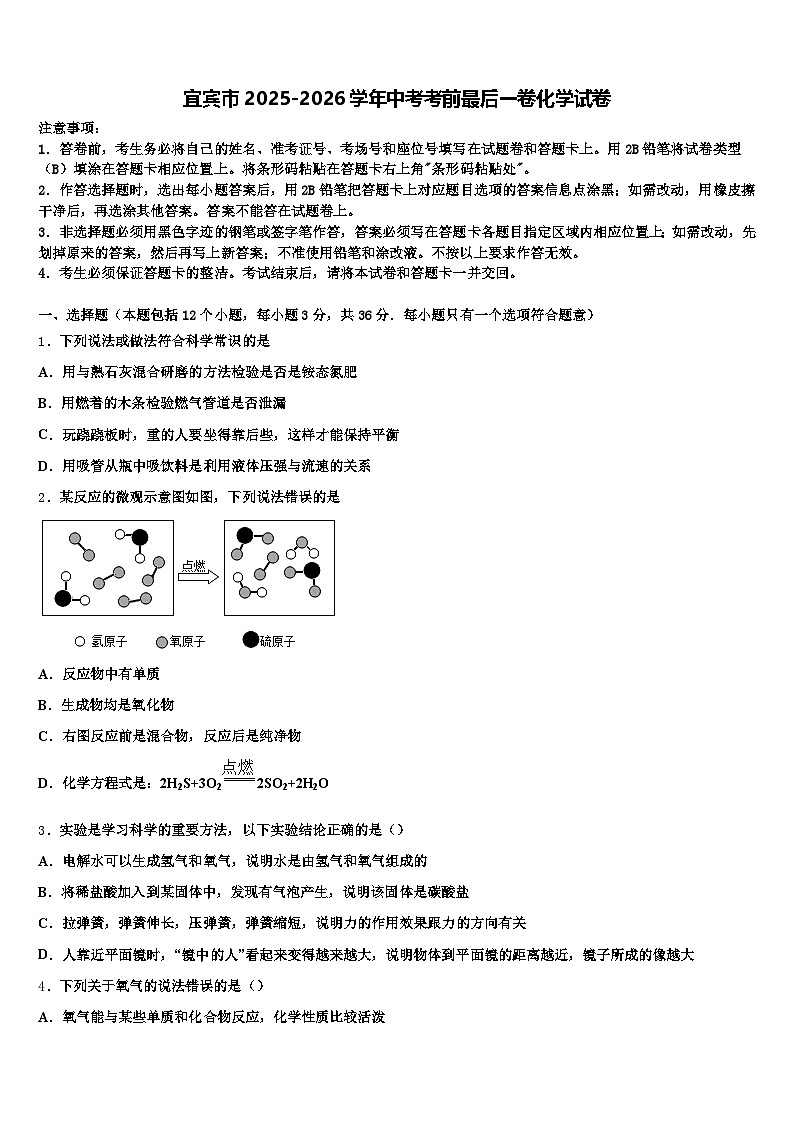 宜宾市2025-2026学年中考考前最后一卷化学试卷（含答案解析）第1页