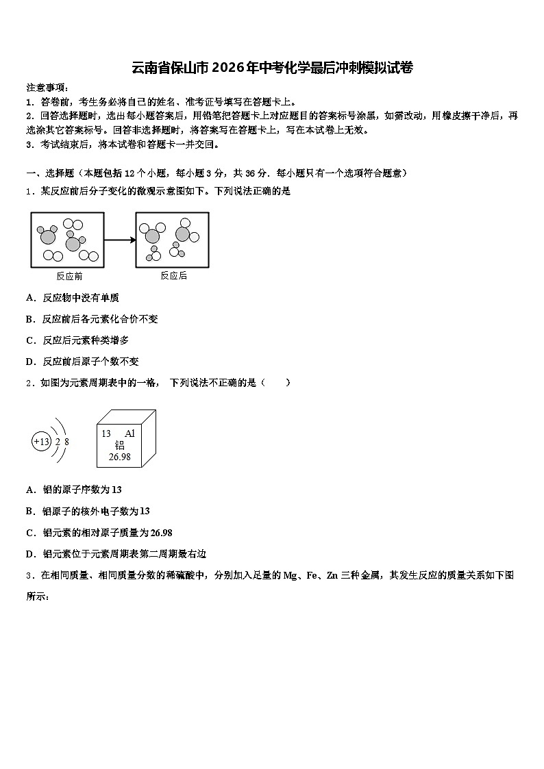 云南省保山市2026年中考化学最后冲刺模拟试卷（含答案解析）第1页