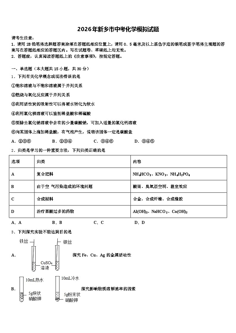 2026年新乡市中考化学模拟试题（含答案解析）第1页