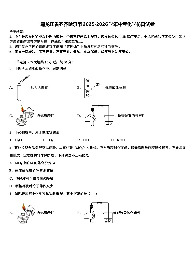 黑龙江省齐齐哈尔市2025-2026学年中考化学仿真试卷（含答案解析）第1页