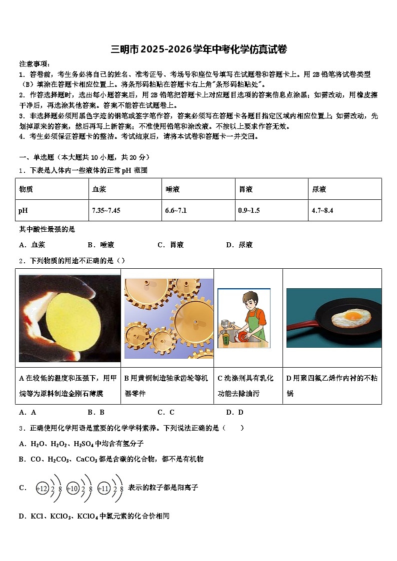 三明市2025-2026学年中考化学仿真试卷（含答案解析）第1页