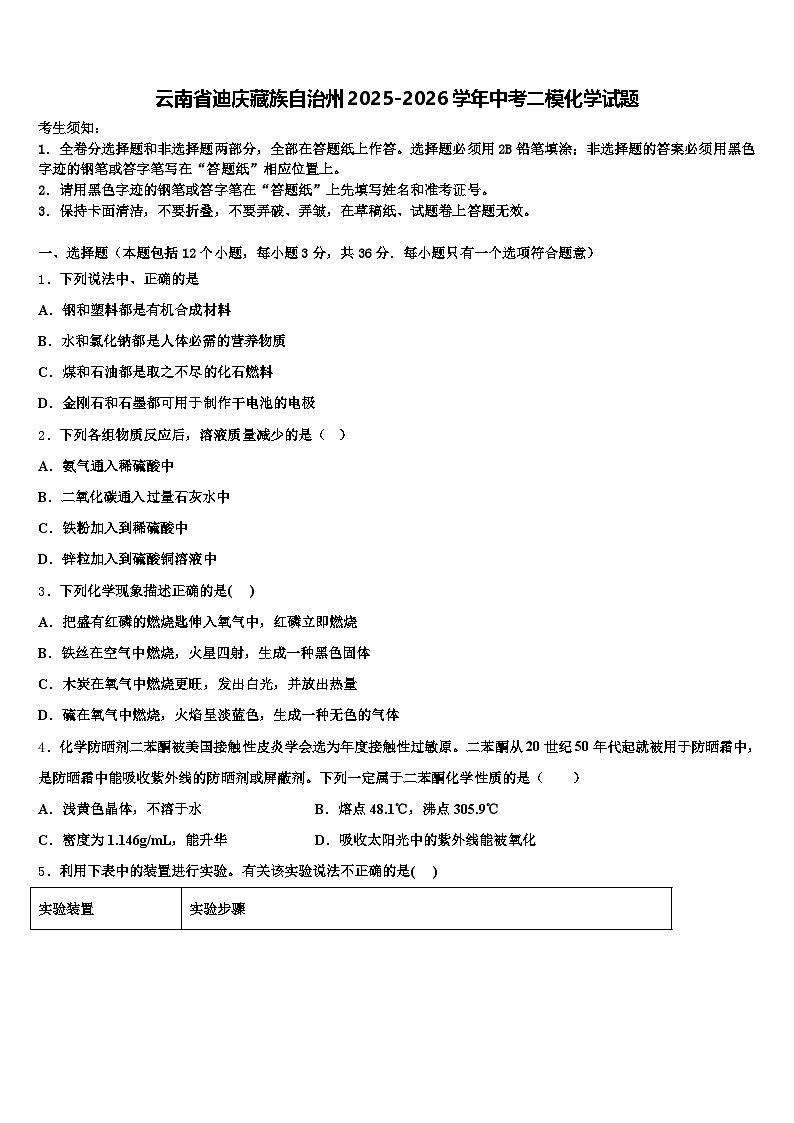 云南省迪庆藏族自治州2025-2026学年中考二模化学试题（含答案解析）第1页