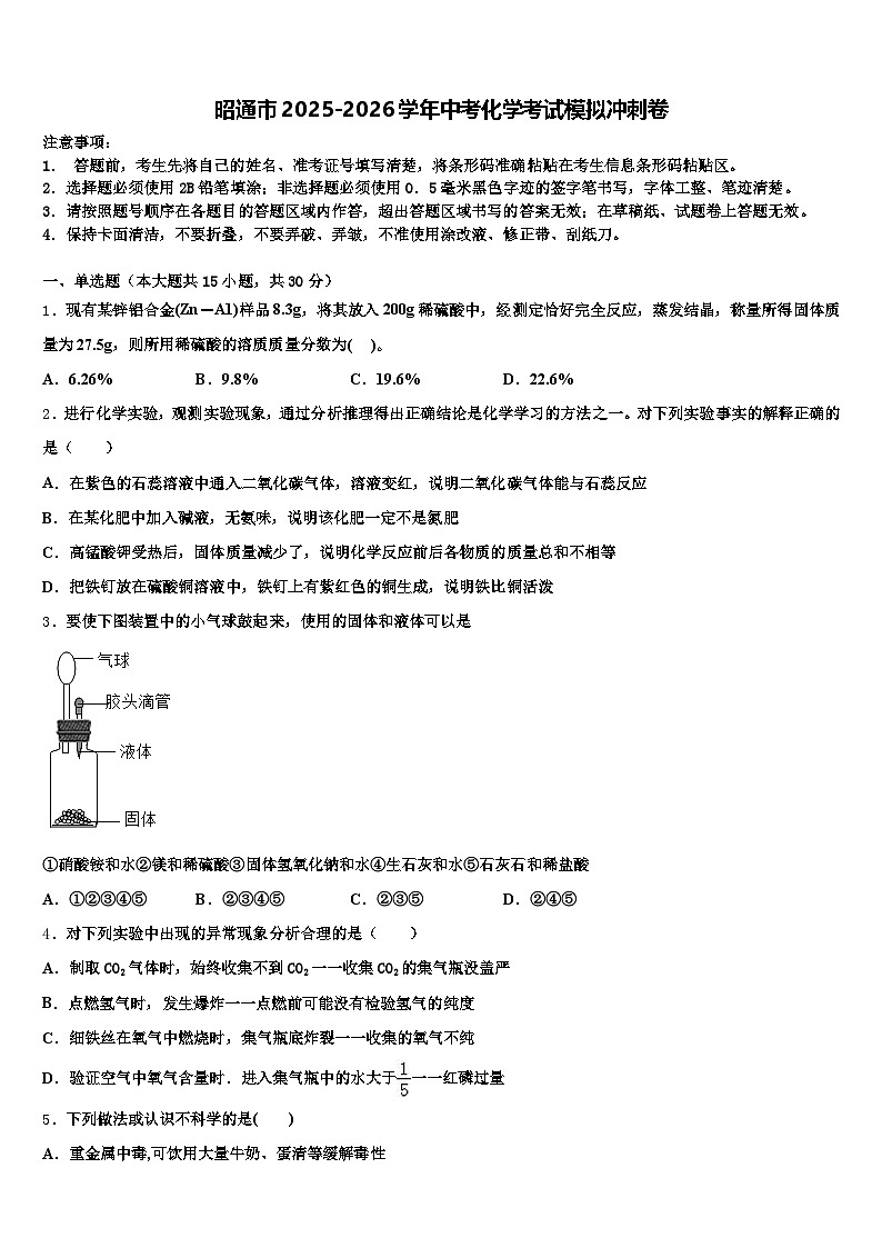 昭通市2025-2026学年中考化学考试模拟冲刺卷（含答案解析）第1页
