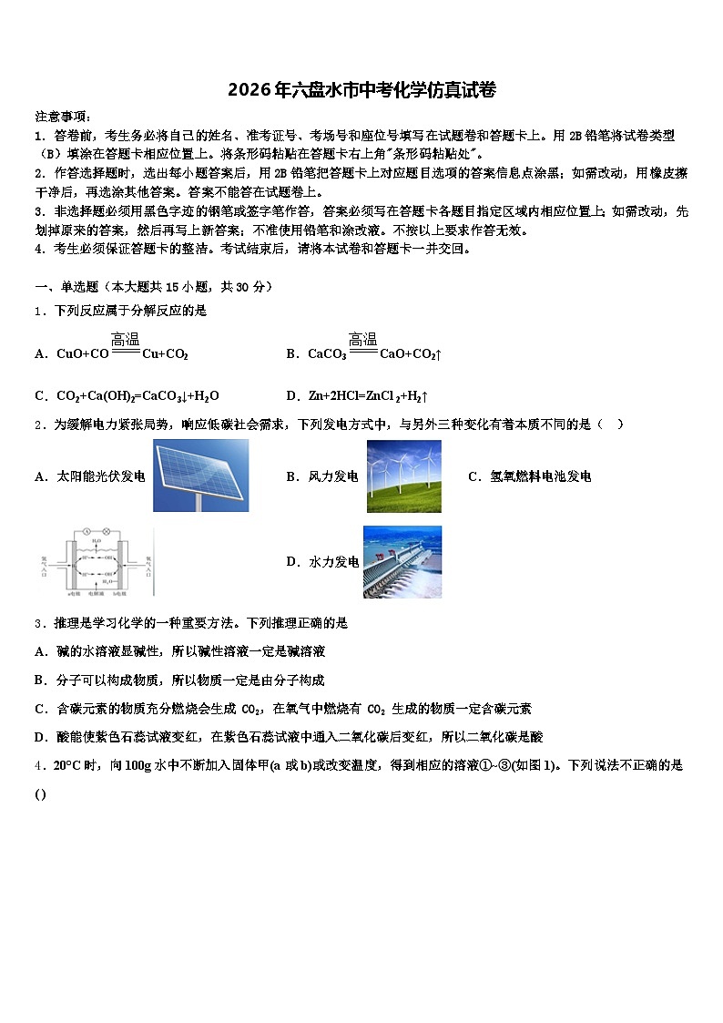 2026年六盘水市中考化学仿真试卷（含答案解析）第1页