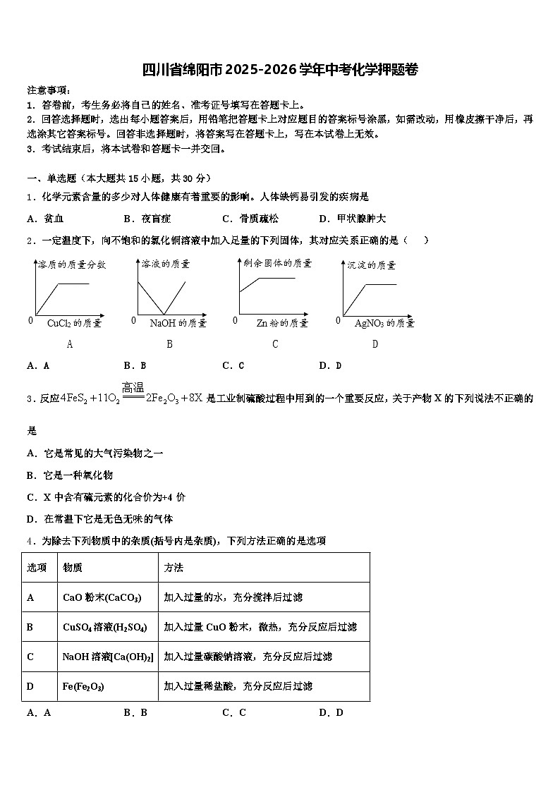 四川省绵阳市2025-2026学年中考化学押题卷（含答案解析）第1页