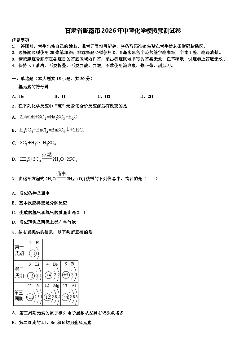 甘肃省陇南市2026年中考化学模拟预测试卷（含答案解析）第1页