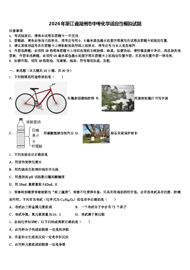 2026年浙江省湖州市中考化学适应性模拟试题（含答案解析）第1页