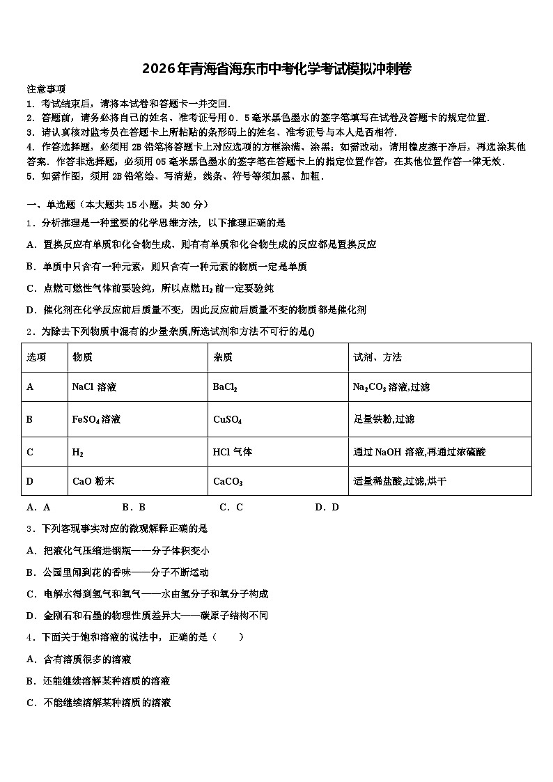 2026年青海省海东市中考化学考试模拟冲刺卷（含答案解析）第1页