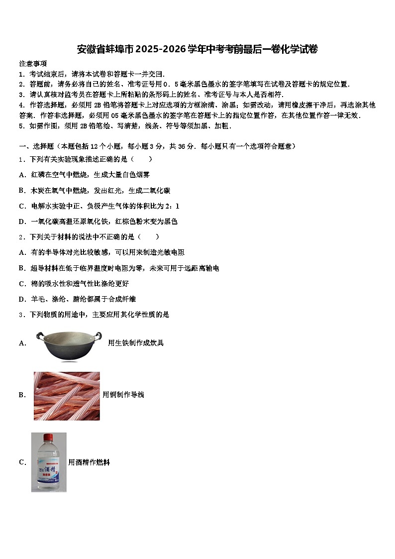 安徽省蚌埠市2025-2026学年中考考前最后一卷化学试卷第1页