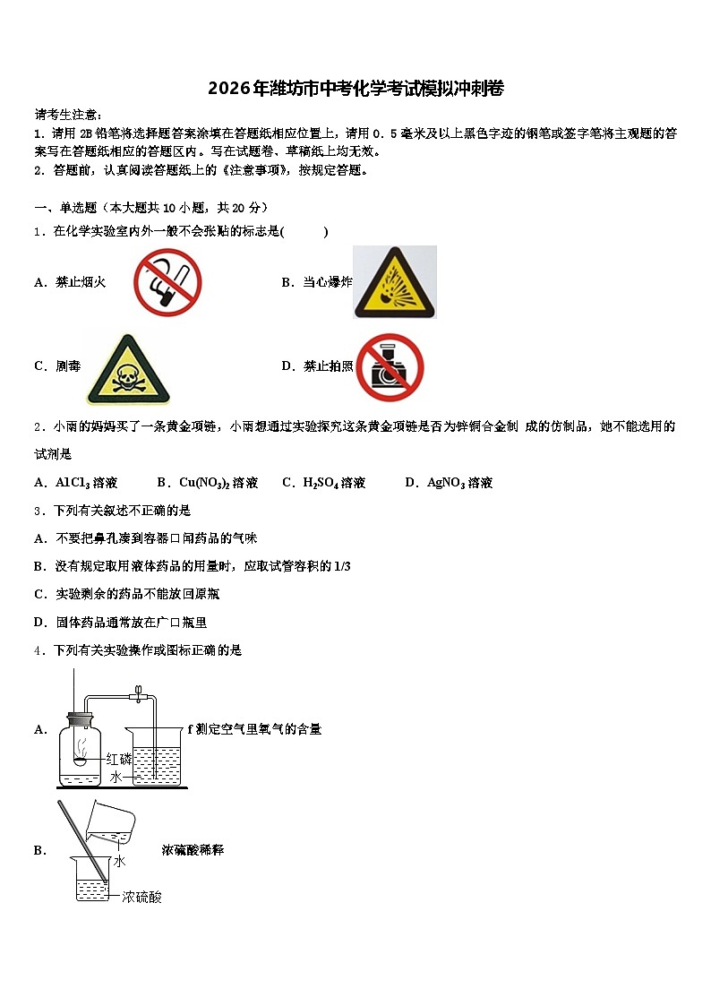 2026年潍坊市中考化学考试模拟冲刺卷（含答案解析）第1页