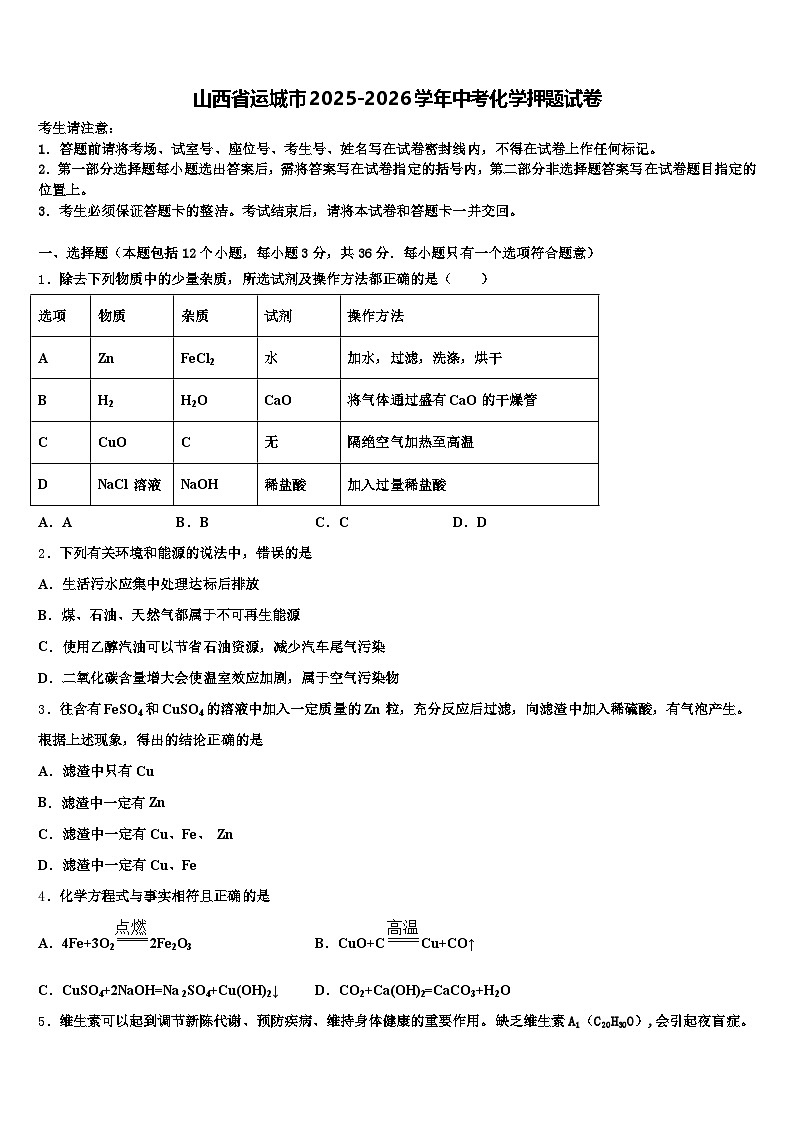 山西省运城市2025-2026学年中考化学押题试卷（含答案解析）第1页