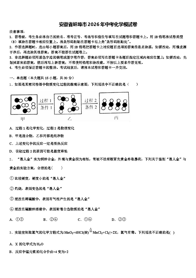 安徽省蚌埠市2026年中考化学模试卷（含答案解析）第1页