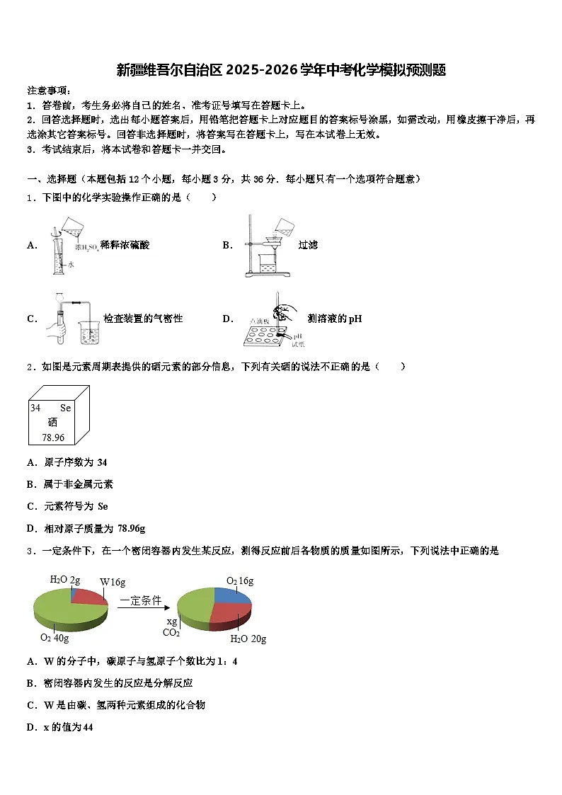 新疆维吾尔自治区2025-2026学年中考化学模拟预测题（含答案解析）第1页