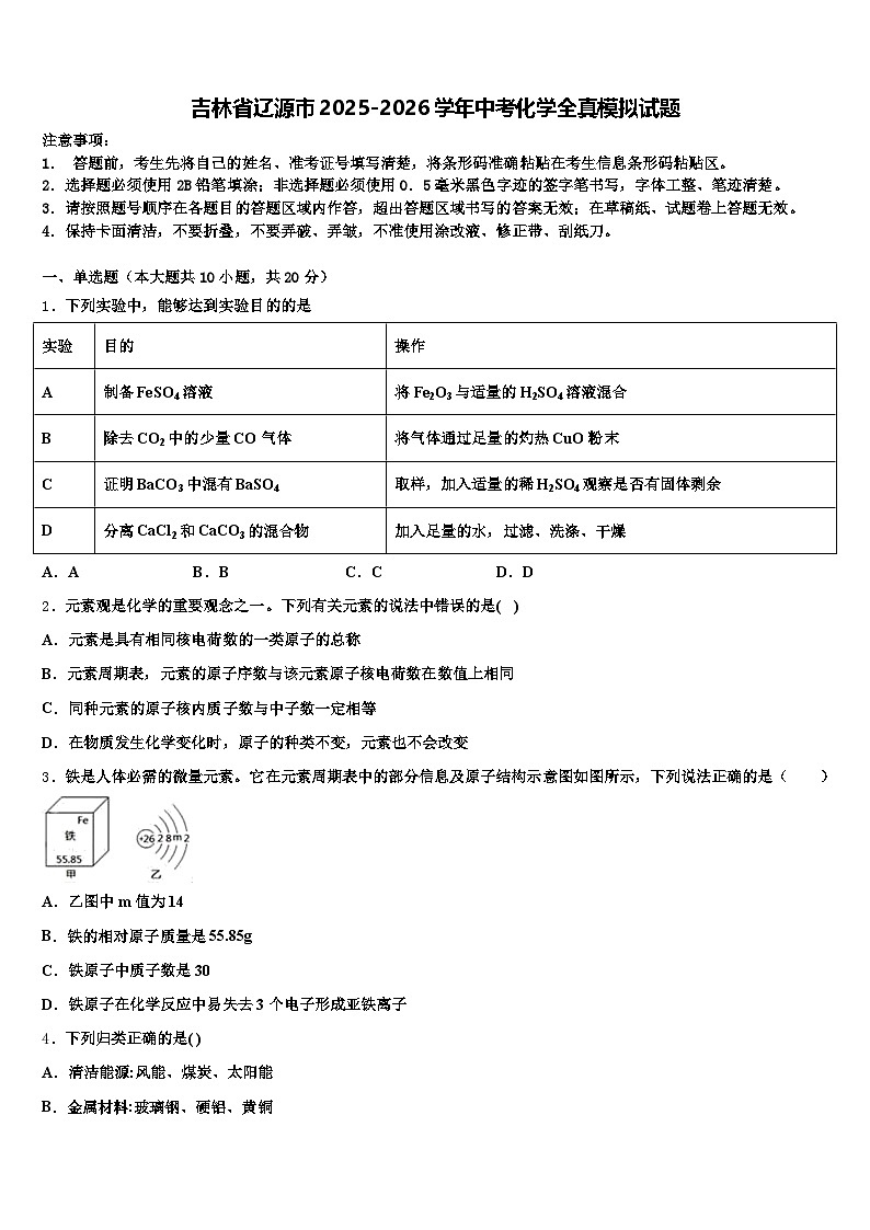 吉林省辽源市2025-2026学年中考化学全真模拟试题（含答案解析）第1页