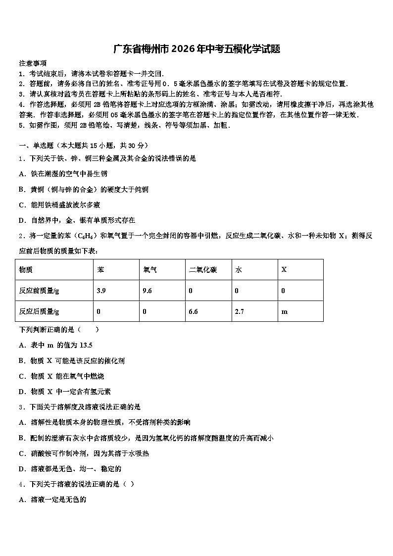 广东省梅州市2026年中考五模化学试题（含答案解析）第1页