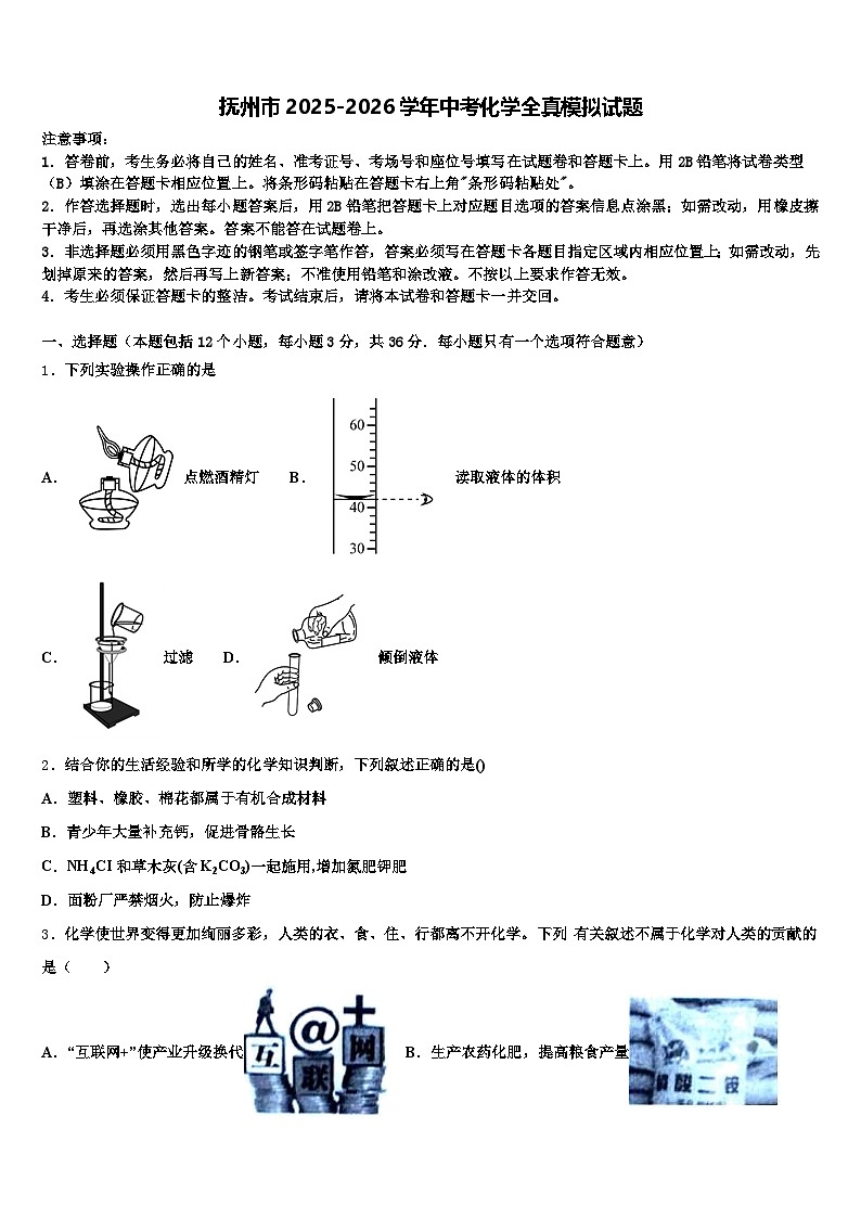 抚州市2025-2026学年中考化学全真模拟试题（含答案解析）第1页