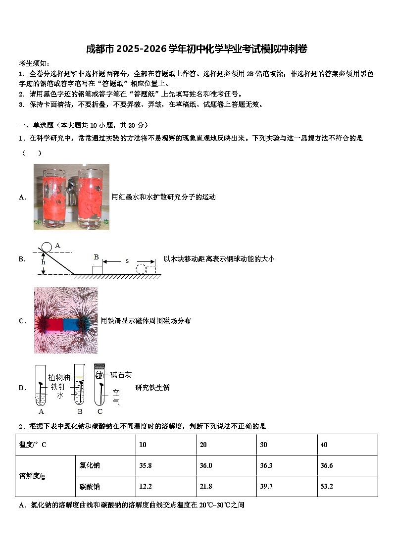 成都市2025-2026学年初中化学毕业考试模拟冲刺卷（含答案解析）第1页
