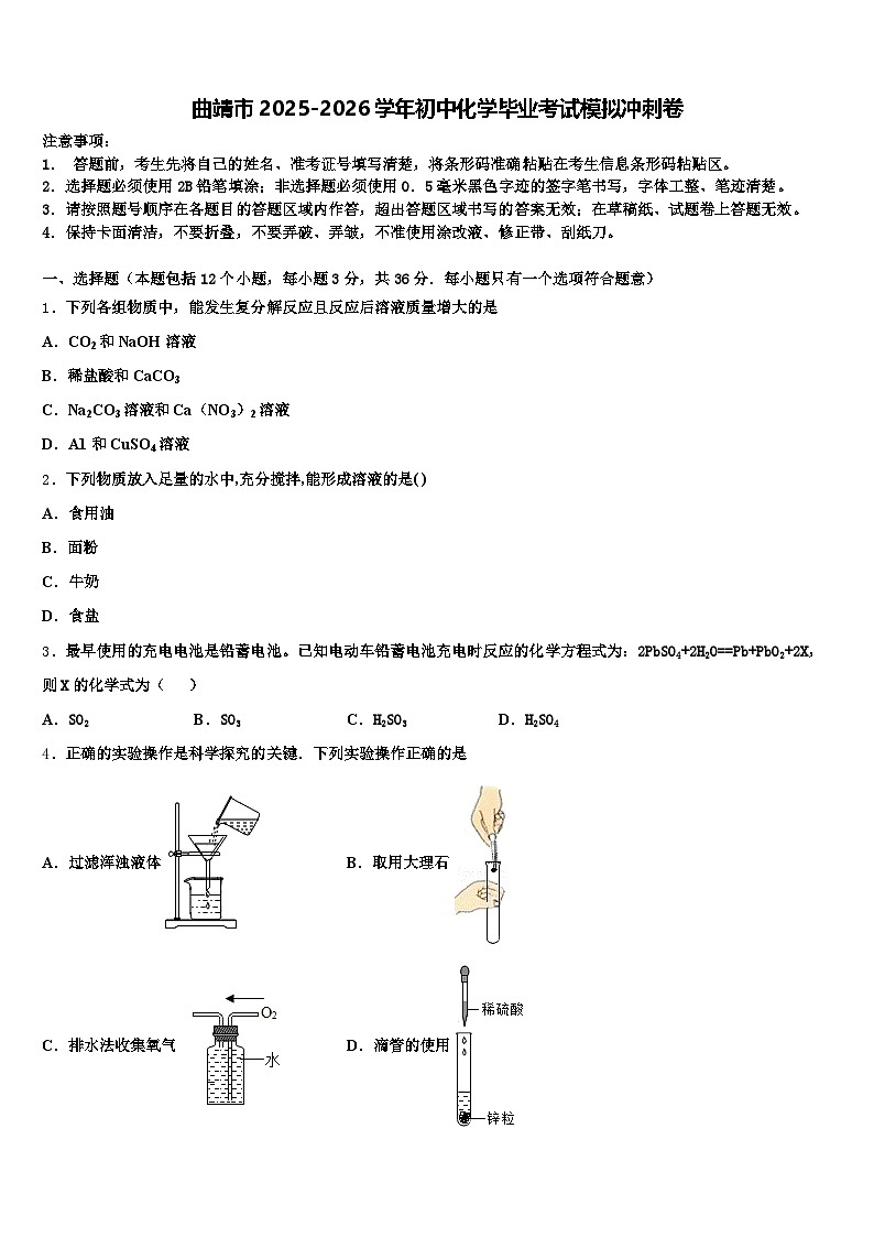 曲靖市2025-2026学年初中化学毕业考试模拟冲刺卷（含答案解析）第1页