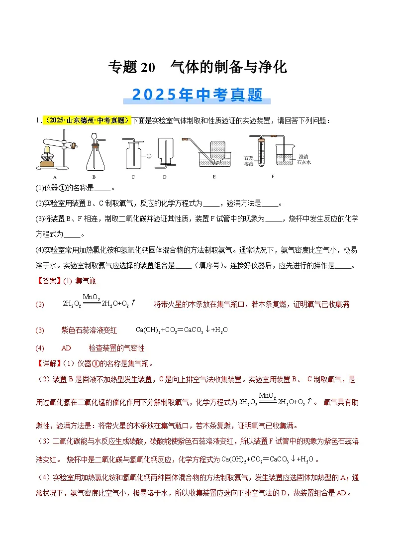 专题20 气体的制备与净化（全国通用）（解析版）第1页