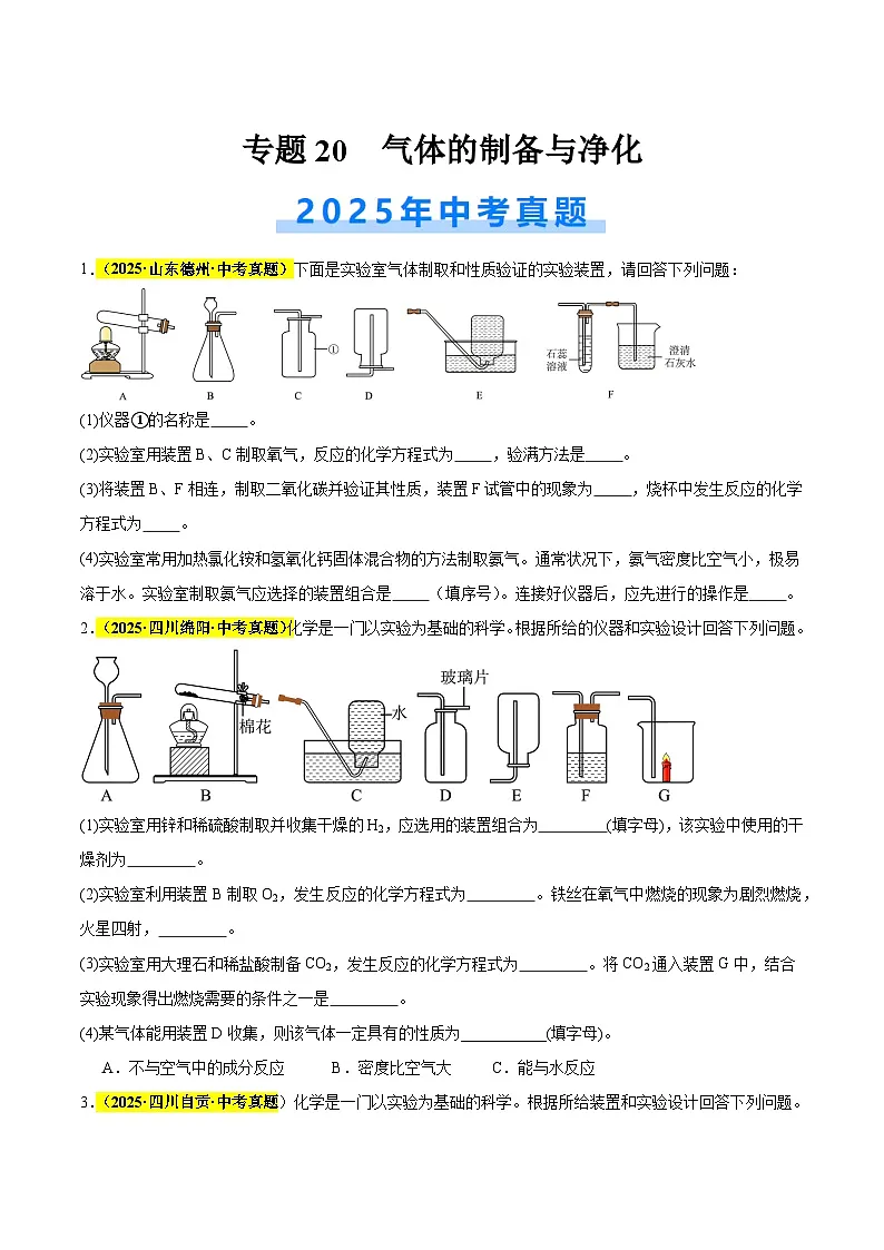 专题20 气体的制备与净化（全国通用）（原卷版）第1页