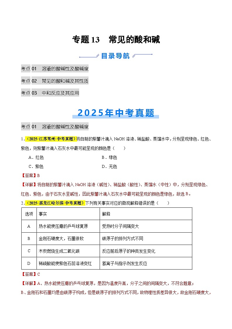专题13 常见的酸和碱（全国通用）（解析版）第1页