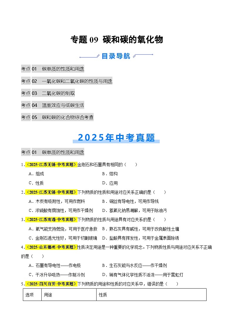 专题09 碳和碳的氧化物（全国通用）（原卷版）第1页