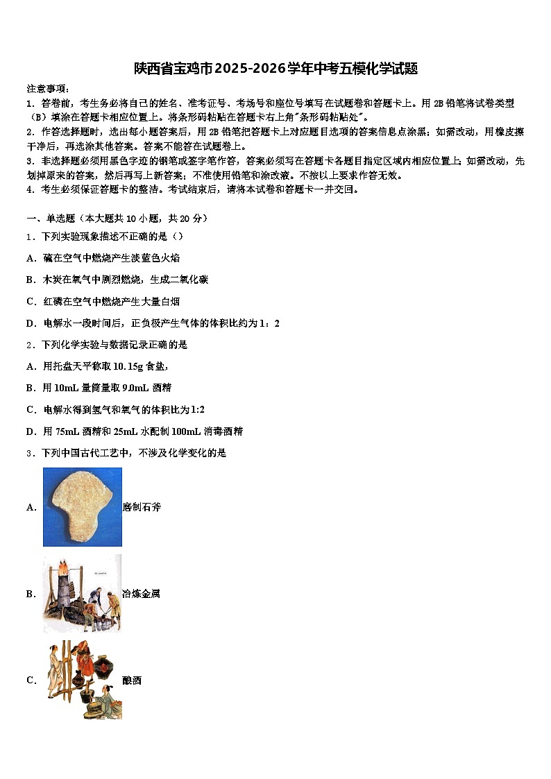 陕西省宝鸡市2025-2026学年中考五模化学试题（含答案解析）第1页