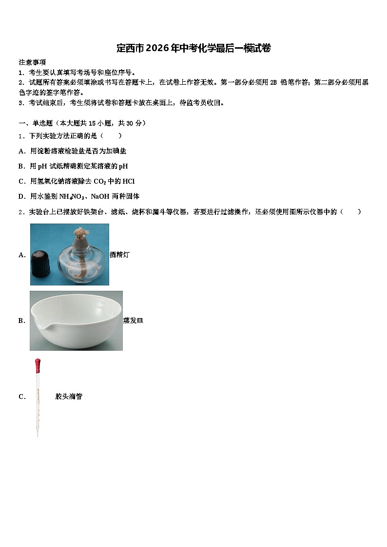 定西市2026年中考化学最后一模试卷（含答案解析）第1页