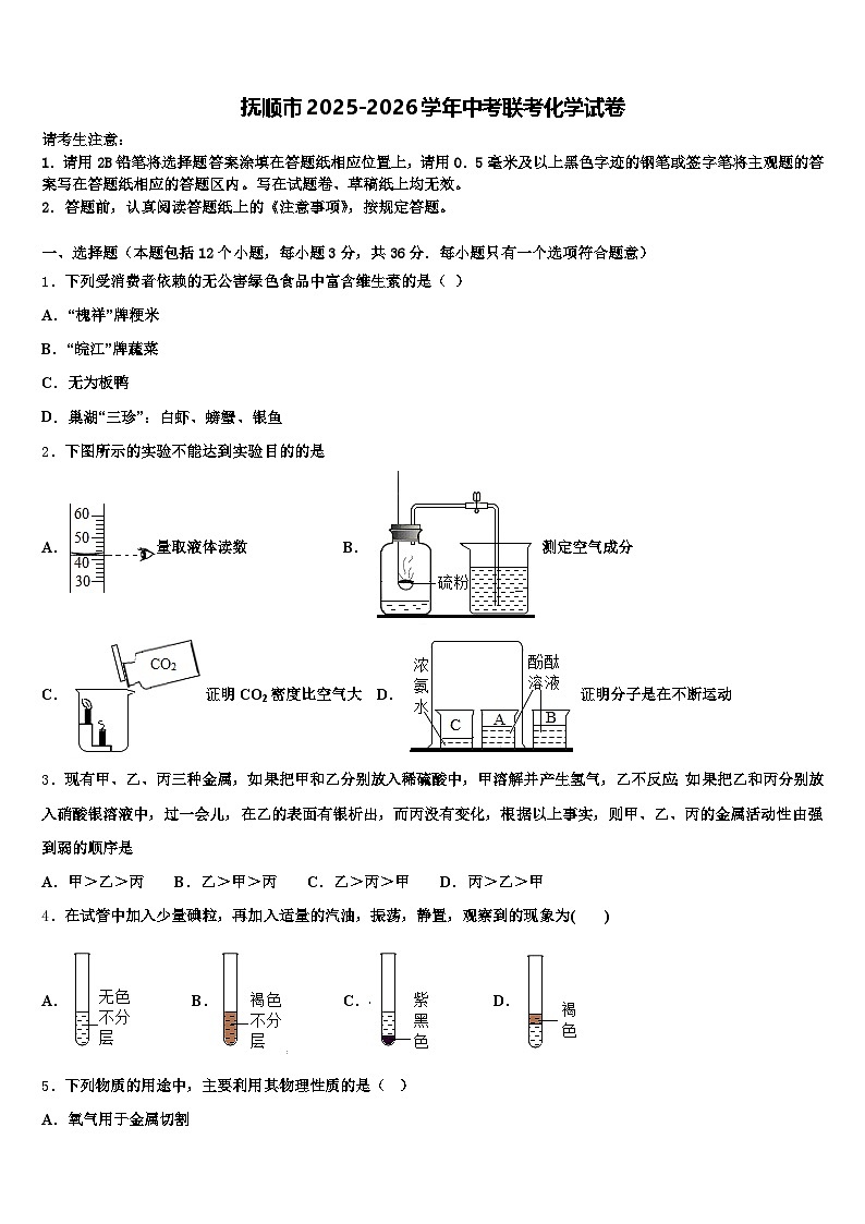 抚顺市2025-2026学年中考联考化学试卷（含答案解析）第1页
