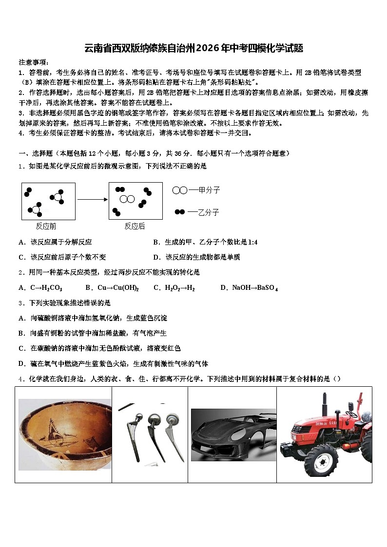 云南省西双版纳傣族自治州2026年中考四模化学试题（含答案解析）第1页