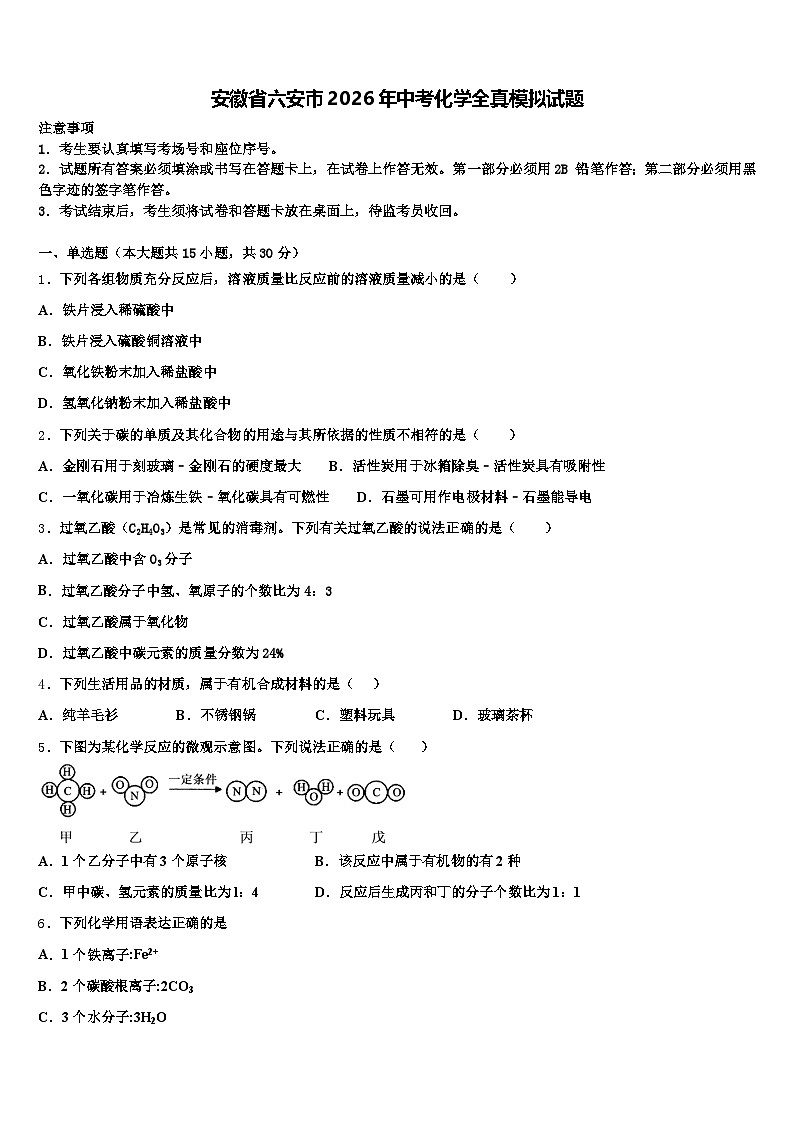 安徽省六安市2026年中考化学全真模拟试题（含答案解析）第1页