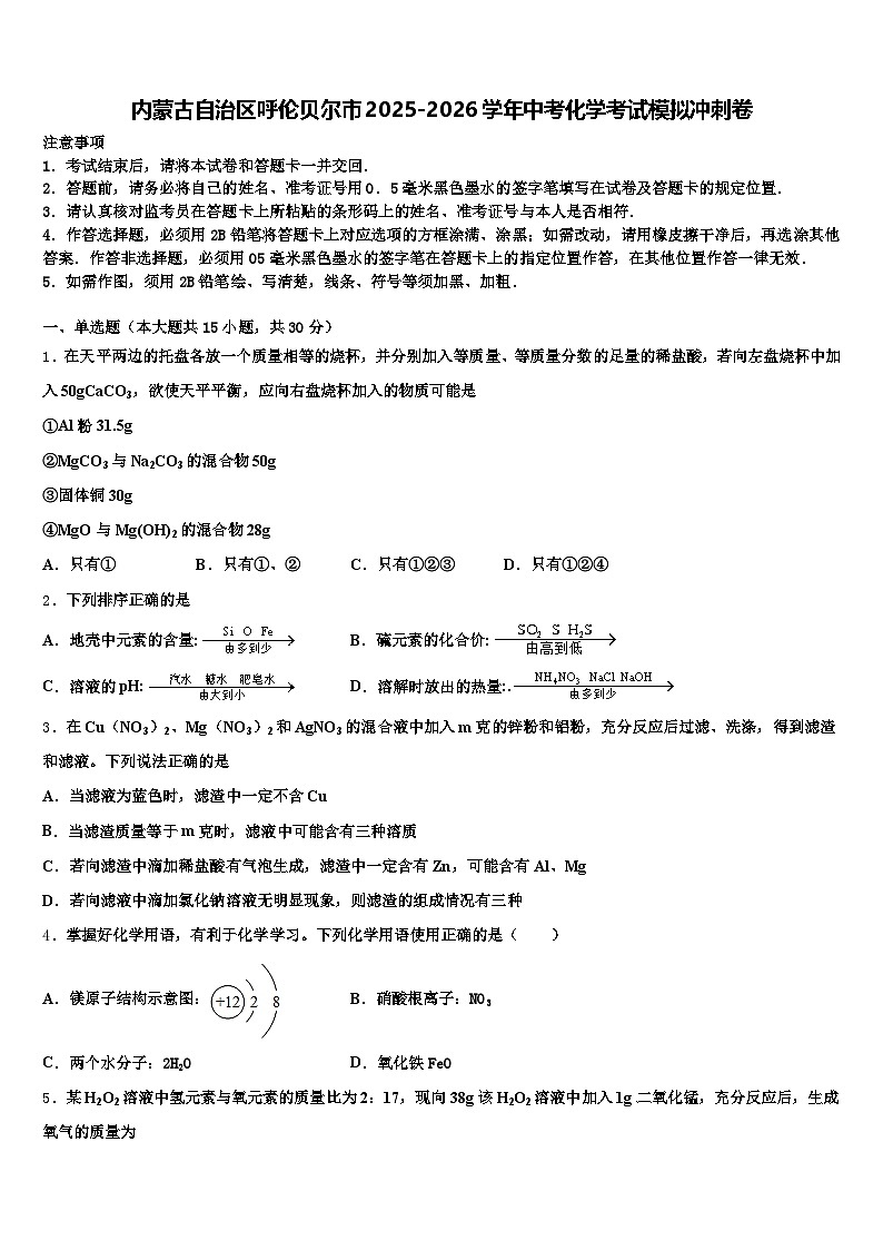 内蒙古自治区呼伦贝尔市2025-2026学年中考化学考试模拟冲刺卷（含答案解析）第1页