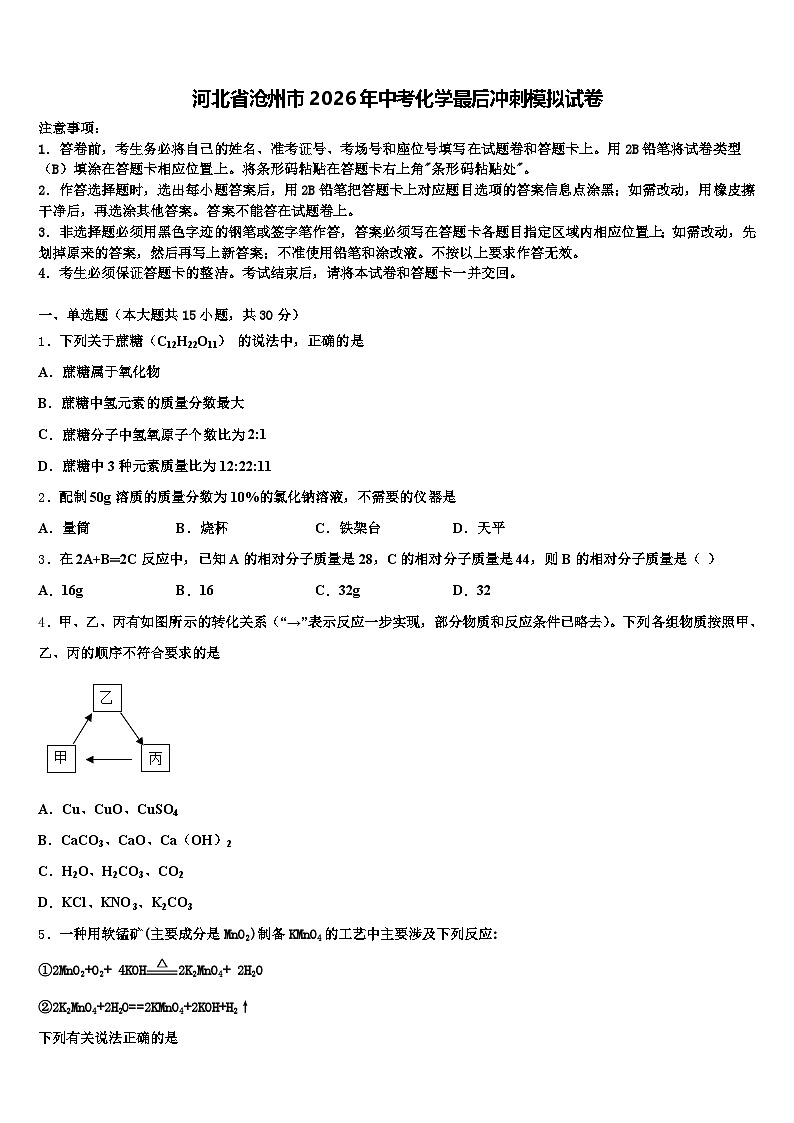 河北省沧州市2026年中考化学最后冲刺模拟试卷（含答案解析）第1页