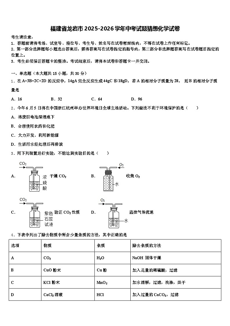 福建省龙岩市2025-2026学年中考试题猜想化学试卷（含答案解析）第1页