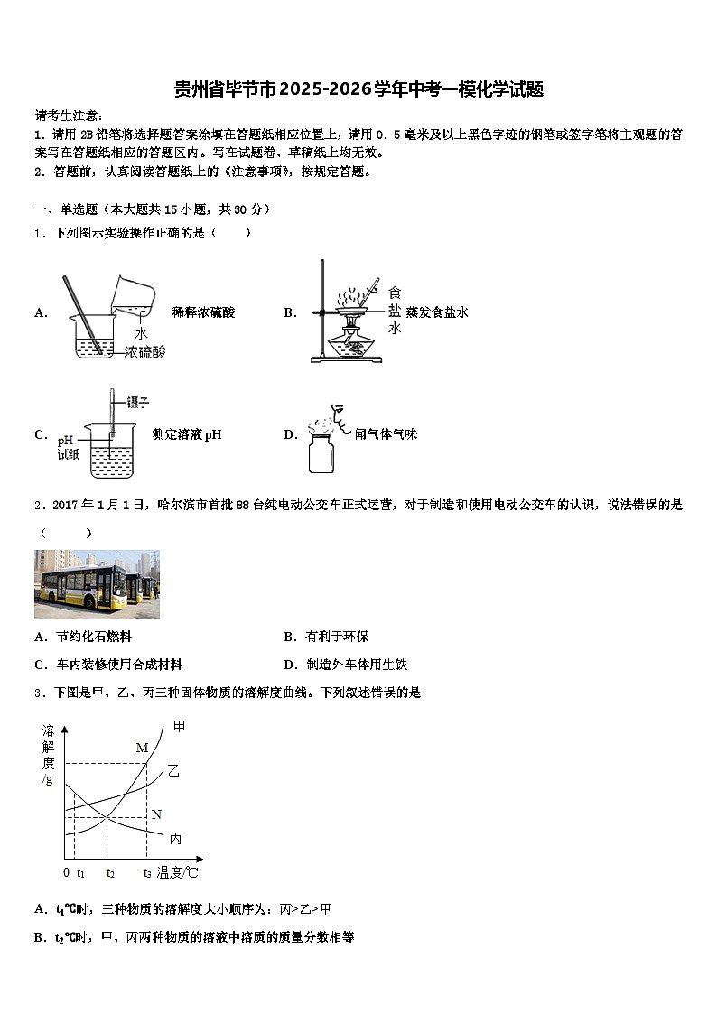 贵州省毕节市2025-2026学年中考一模化学试题（含答案解析）第1页