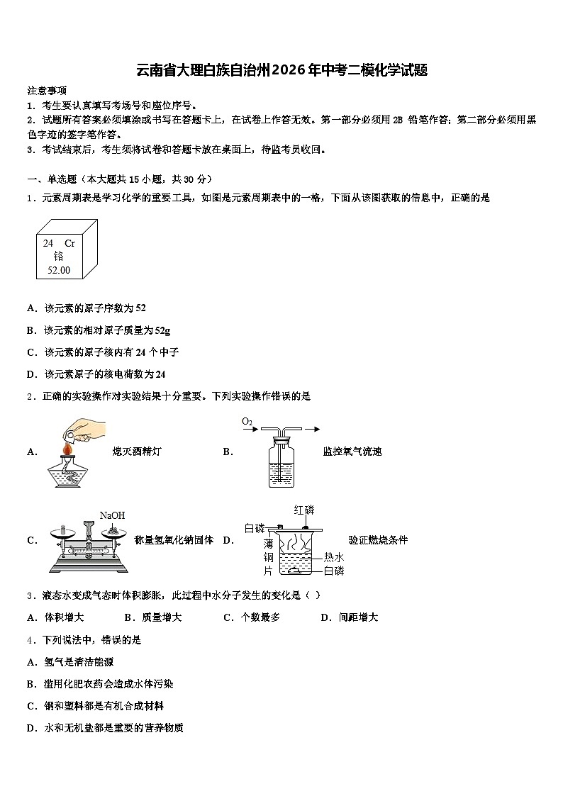 云南省大理白族自治州2026年中考二模化学试题（含答案解析）第1页
