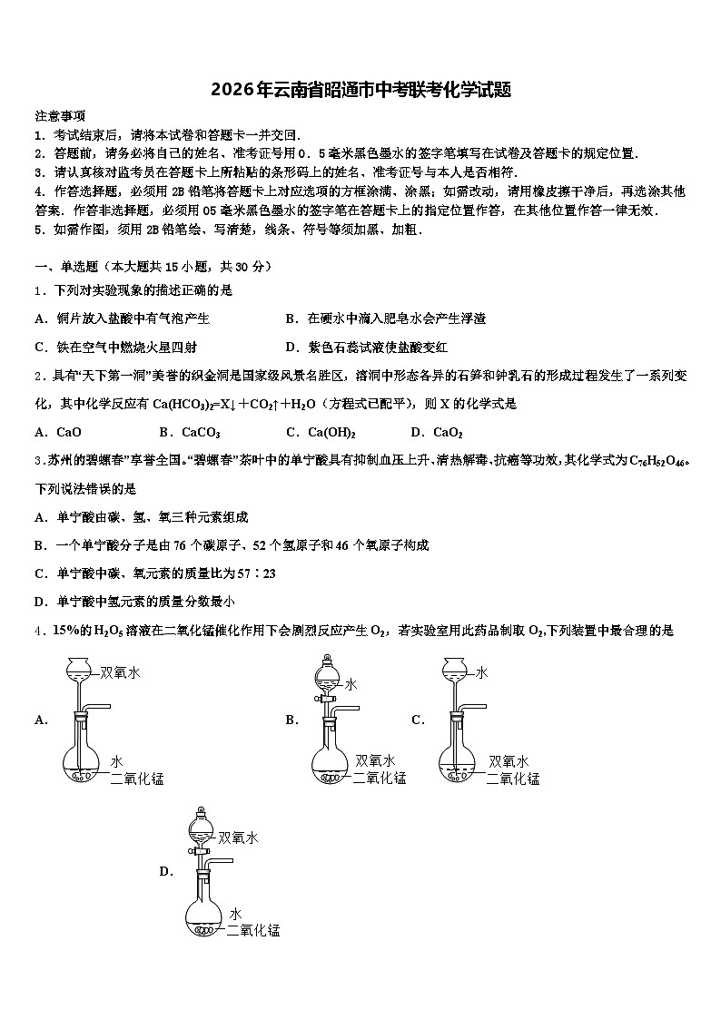 2026年云南省昭通市中考联考化学试题（含答案解析）第1页