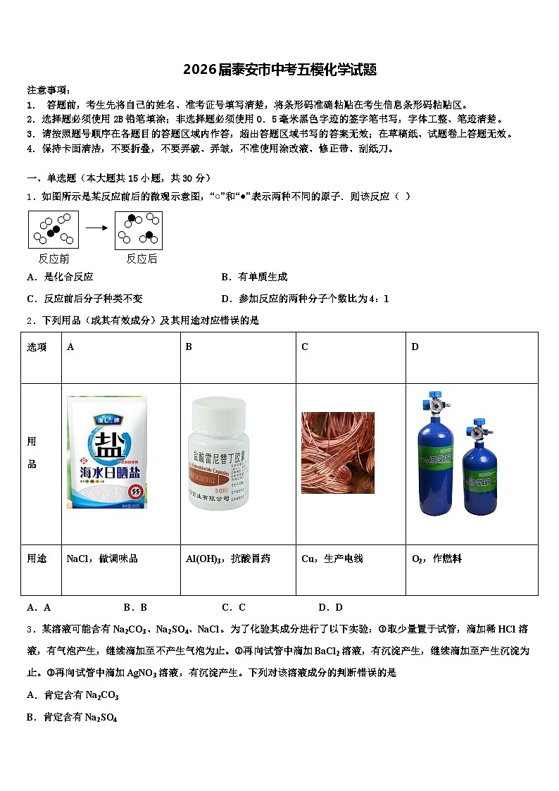 2026届泰安市中考五模化学试题（含答案解析）第1页