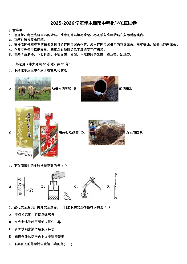 2025-2026学年佳木斯市中考化学仿真试卷（含答案解析）第1页