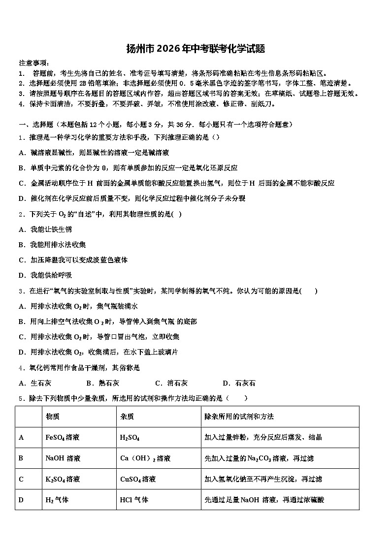 扬州市2026年中考联考化学试题（含答案解析）第1页