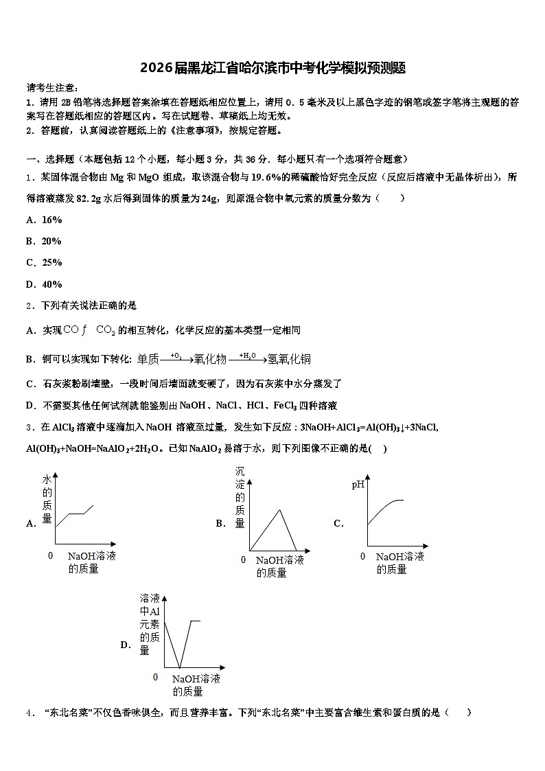 2026届黑龙江省哈尔滨市中考化学模拟预测题（含答案解析）第1页