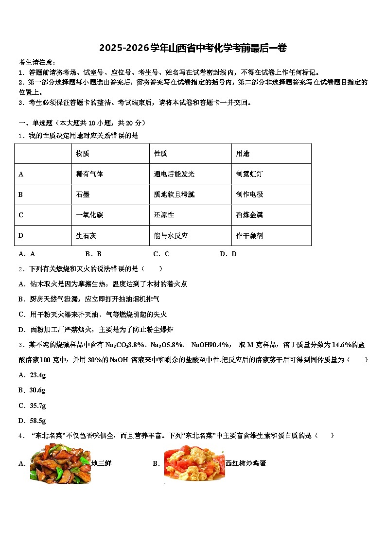 2025-2026学年山西省中考化学考前最后一卷（含答案解析）第1页
