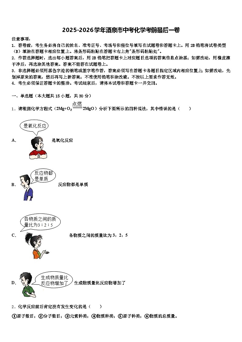 2025-2026学年酒泉市中考化学考前最后一卷（含答案解析）第1页