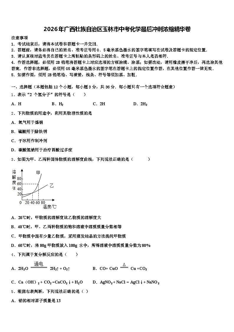 2026年广西壮族自治区玉林市中考化学最后冲刺浓缩精华卷（含答案解析）第1页